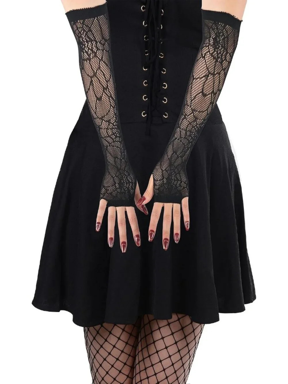 Women's Black Long Spider Web Fishnet Fingerless Gothic Cosplay Gloves